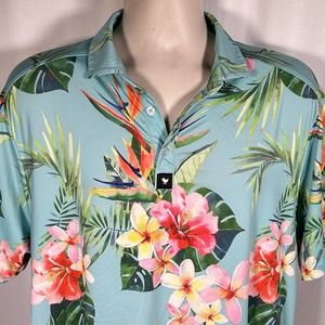 Bad Birdie Golf Floral Mens L Polo Shirt Hawaiian Tiki Tropical Summer Teal Blue